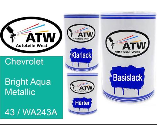Chevrolet, Bright Aqua Metallic, 43 / WA243A: 500ml Lackdose + 500ml Klarlack + 250ml Härter - Set, von ATW Autoteile West.